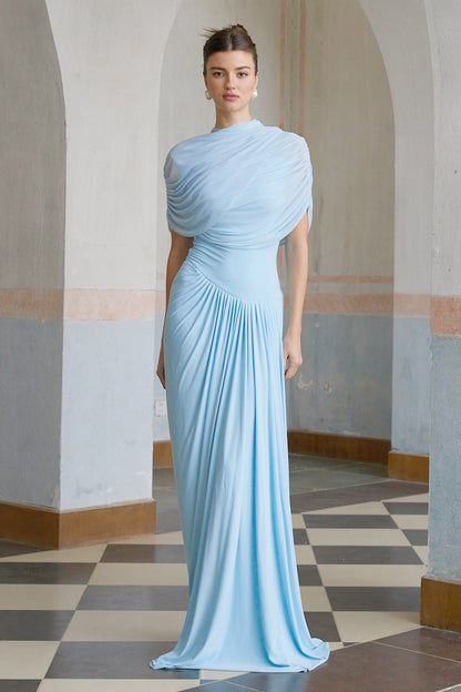 Vestido Maxi Azul Asimétrico Plisado Catherine