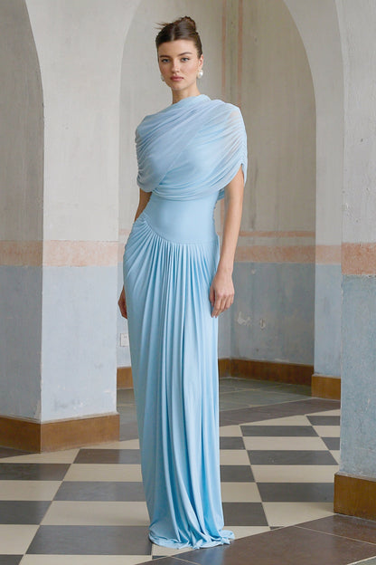 Vestido Maxi Azul Asimétrico Plisado Catherine