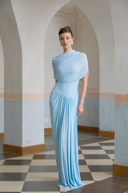 Vestido Maxi Azul Asimétrico Plisado Catherine