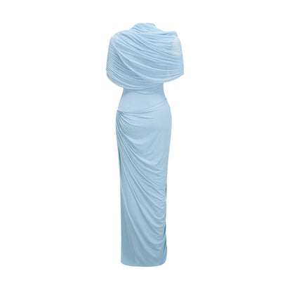 Vestido Maxi Azul Asimétrico Plisado Catherine